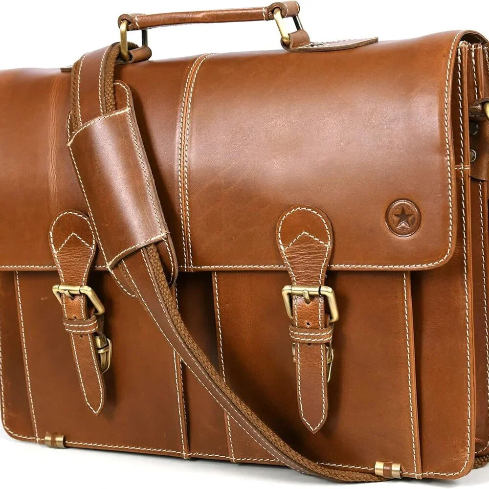 Leather Briefcase Office Bag for Men Padded Laptop Sleeve by 16Inch